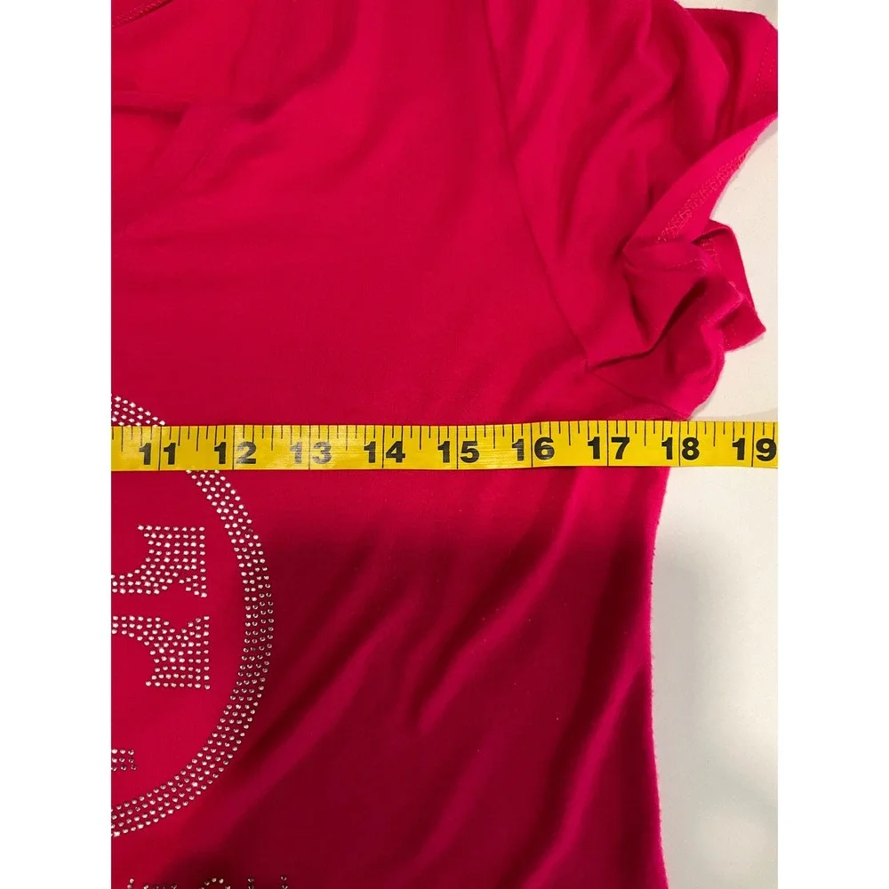 Tory Burch Pink V-Neck T-Shirt Bling Glam Short Sleeve Preppy Casual Designer L